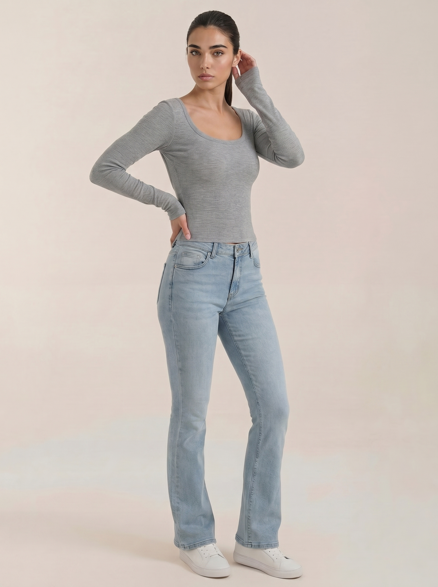 Light gray scoop-neck long-sleeve top with fitted sleeves