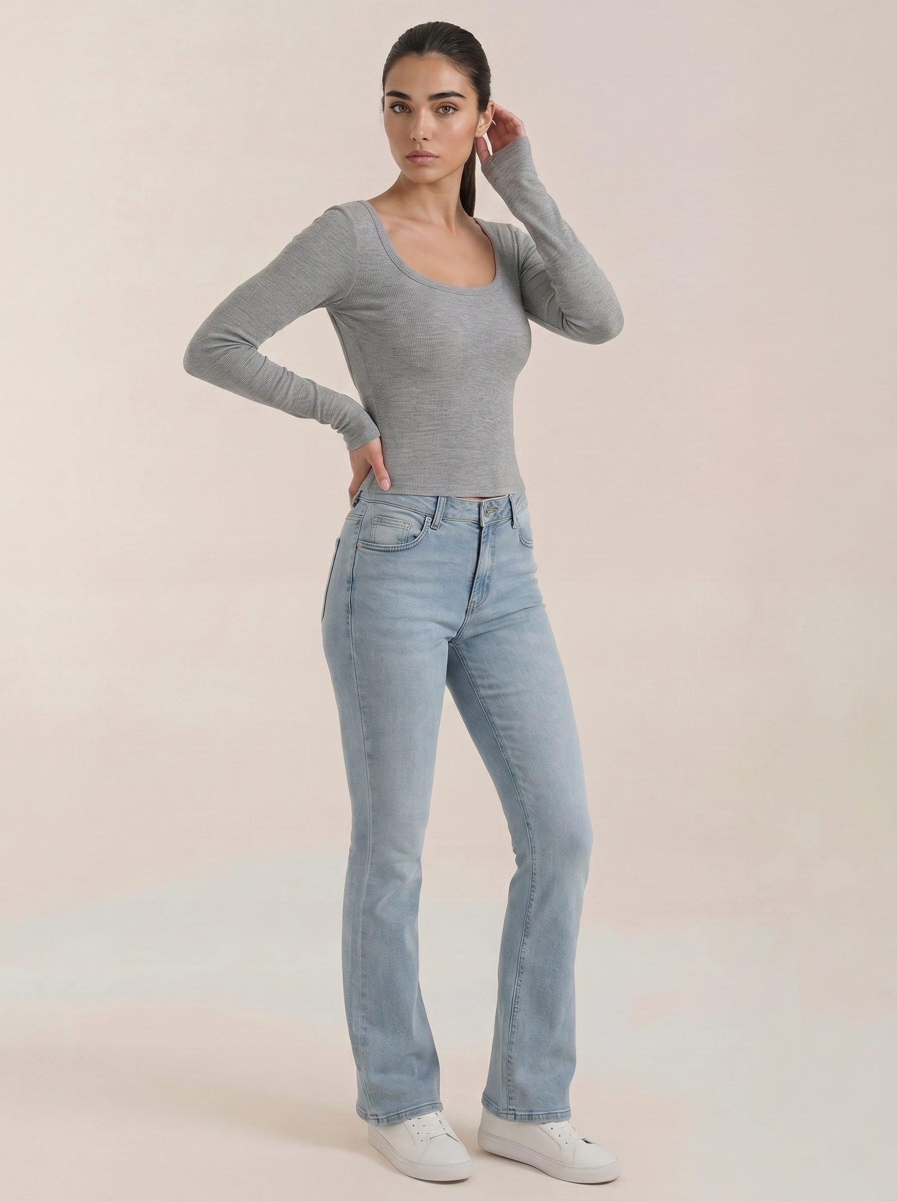 Light gray scoop-neck long-sleeve top with fitted sleeves