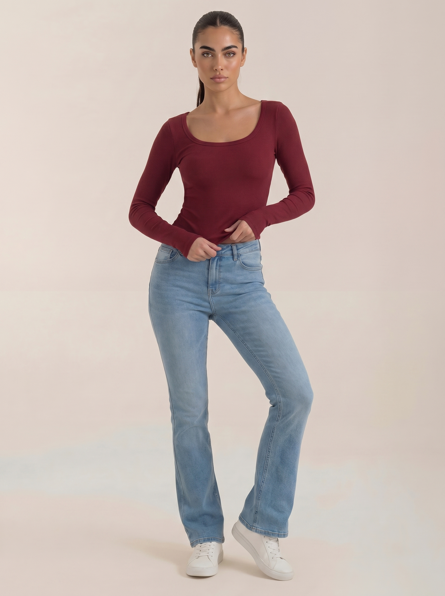 Burgundy scoop-neck long-sleeve top with fitted waist