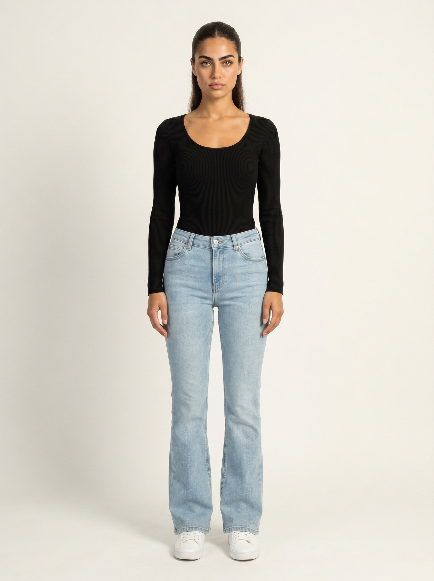 Black scoop-neck long-sleeve top with long fitted sleeves