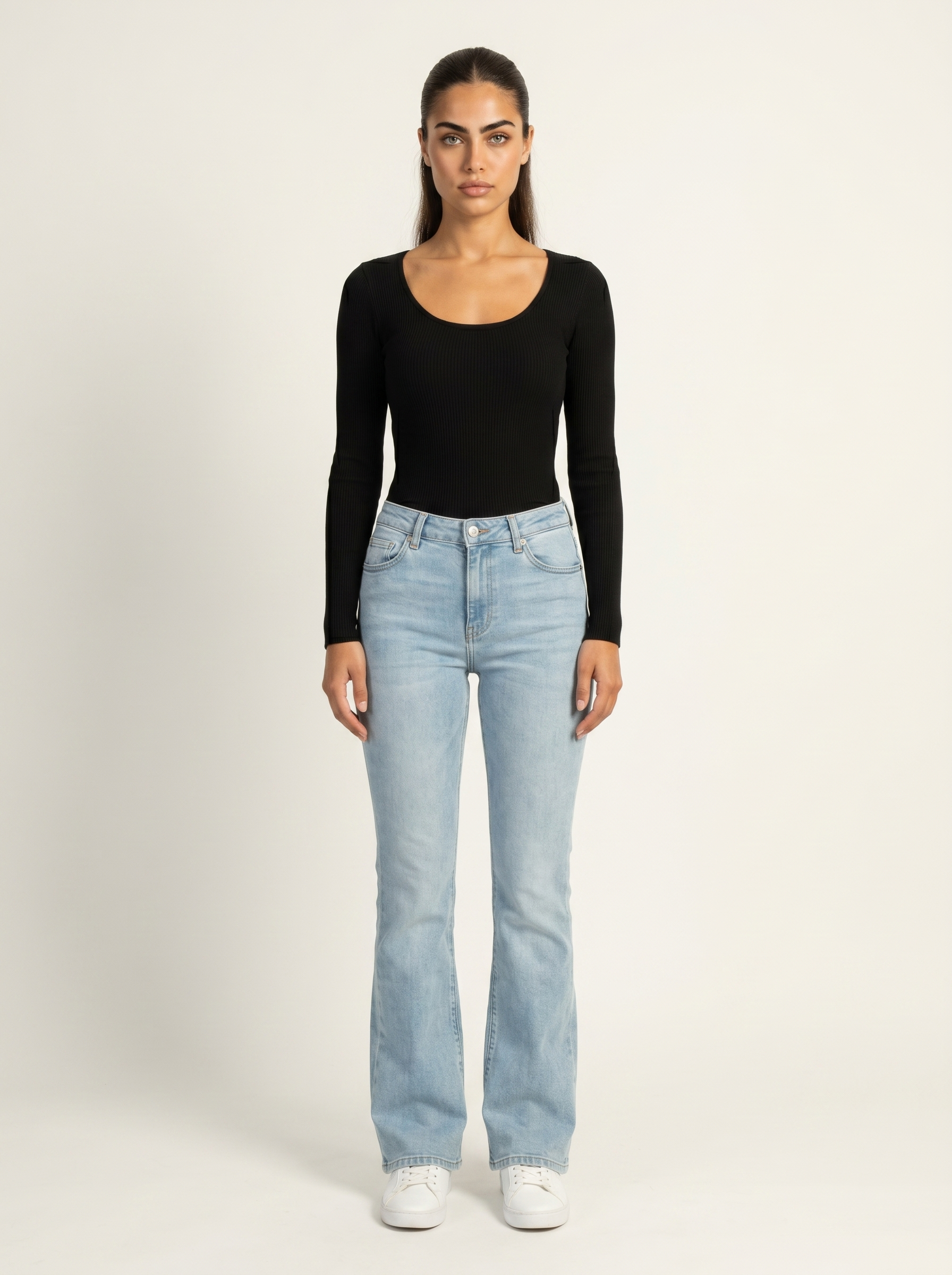 Black scoop-neck long-sleeve top with long fitted sleeves