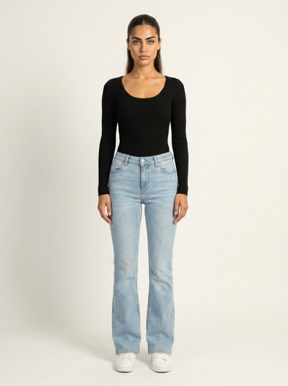 Black scoop-neck long-sleeve top with long fitted sleeves