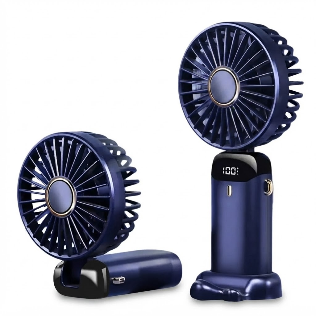 Portable handheld fan in dark blue with foldable stand, front LED display and grille