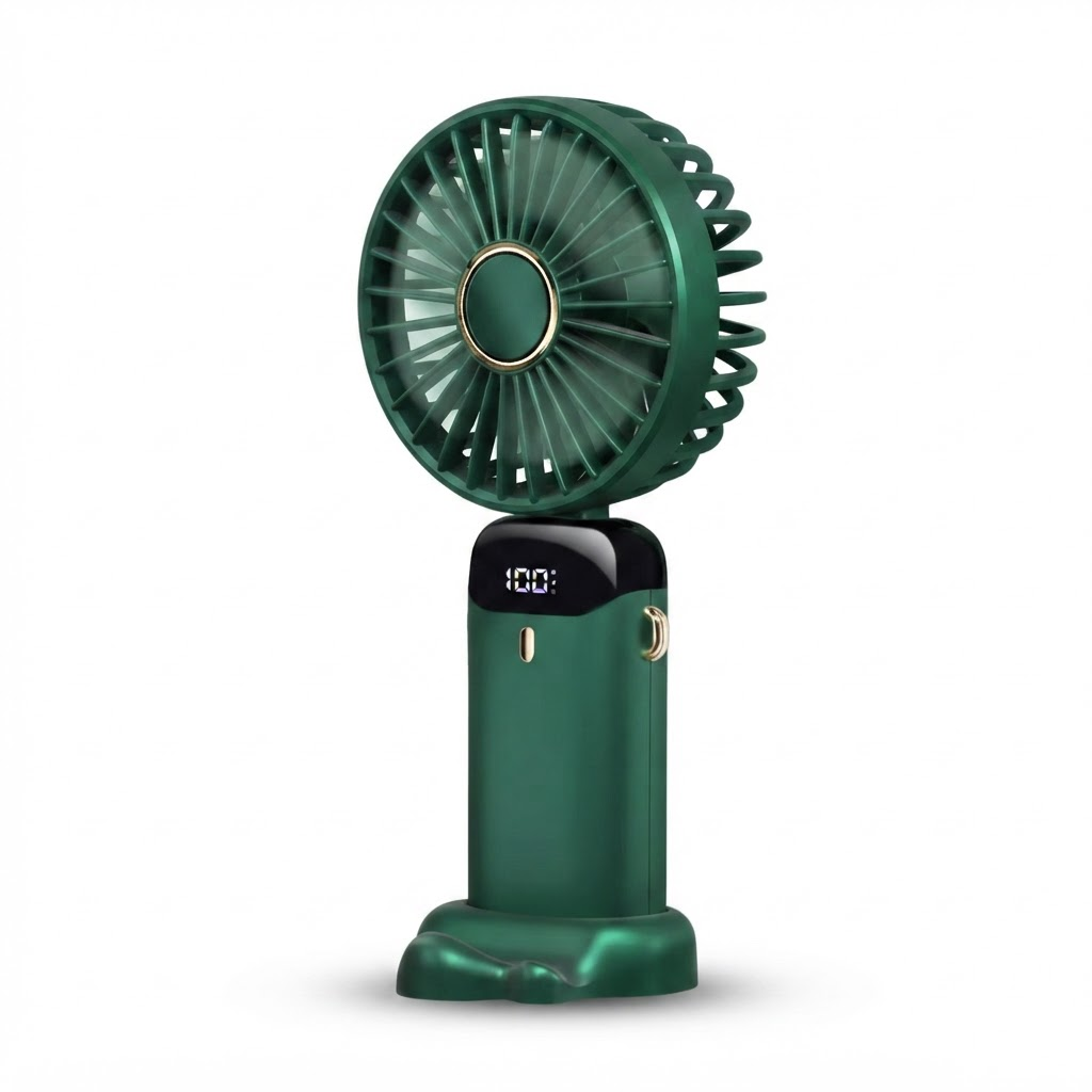 Portable handheld fan in green with front LED display and circular fan grille