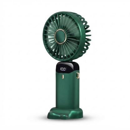 Portable handheld fan in green with front LED display and circular fan grille