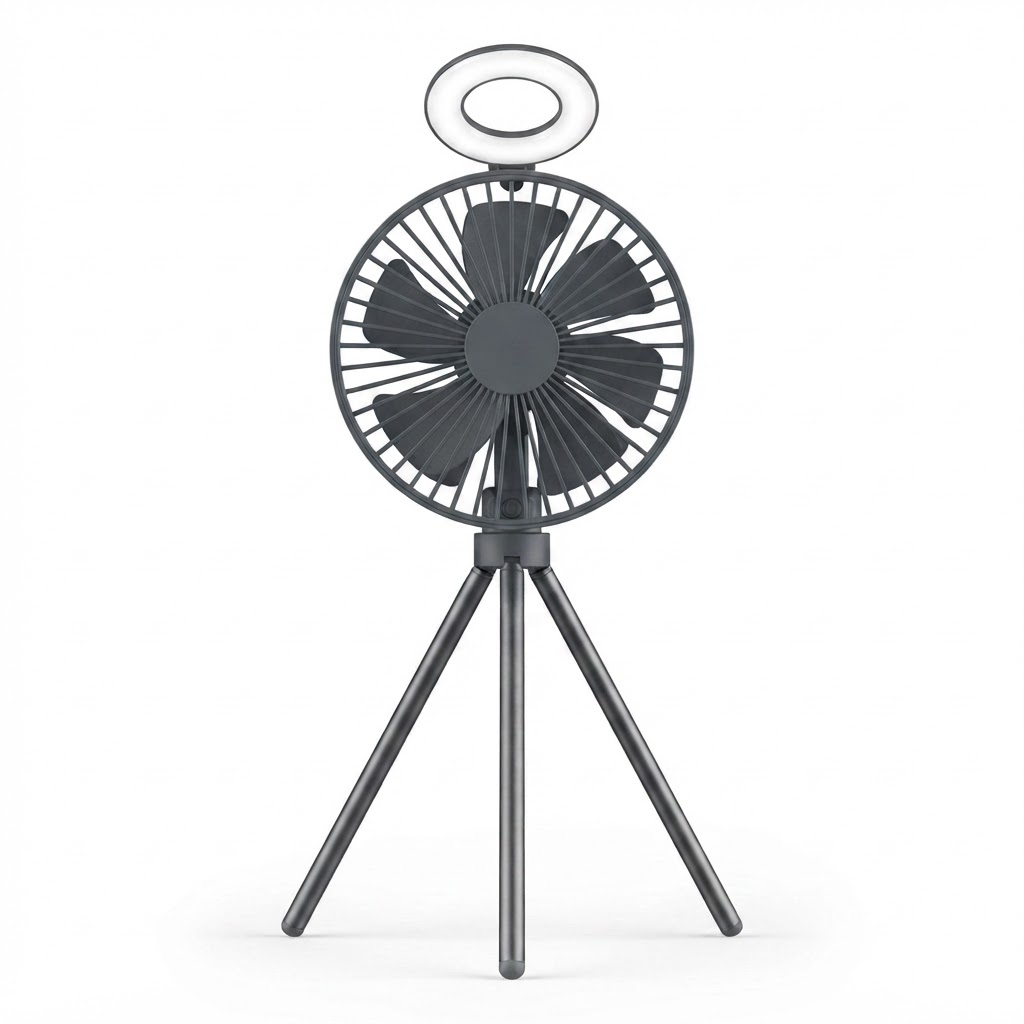 Portable tripod fan with LED ring, dark grey fan grille and stand