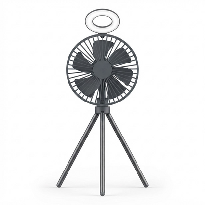 Portable tripod fan with LED ring, dark grey fan grille and stand