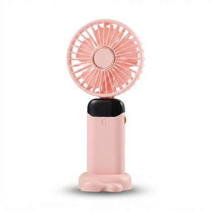 Portable handheld fan in pink with front LED display and circular fan grille