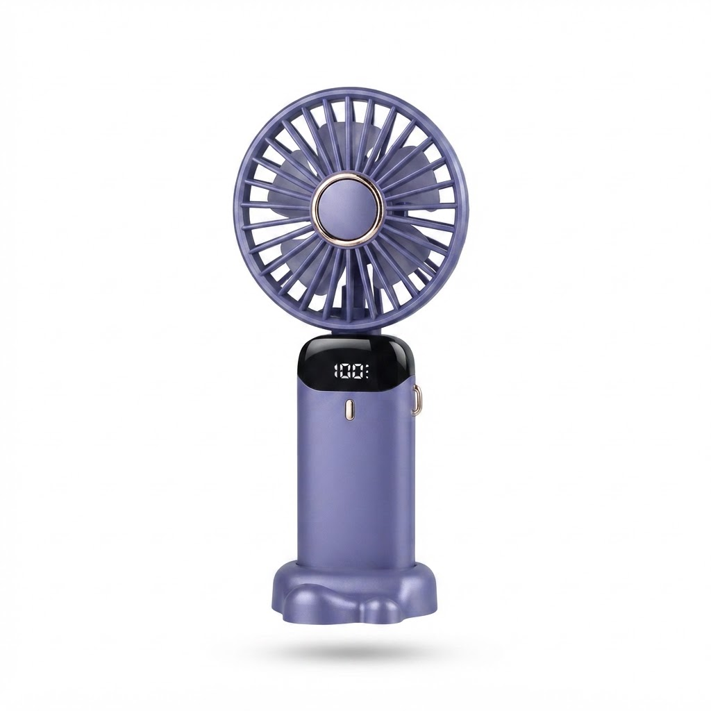 Portable handheld fan in dark blue with front LED display and circular grille