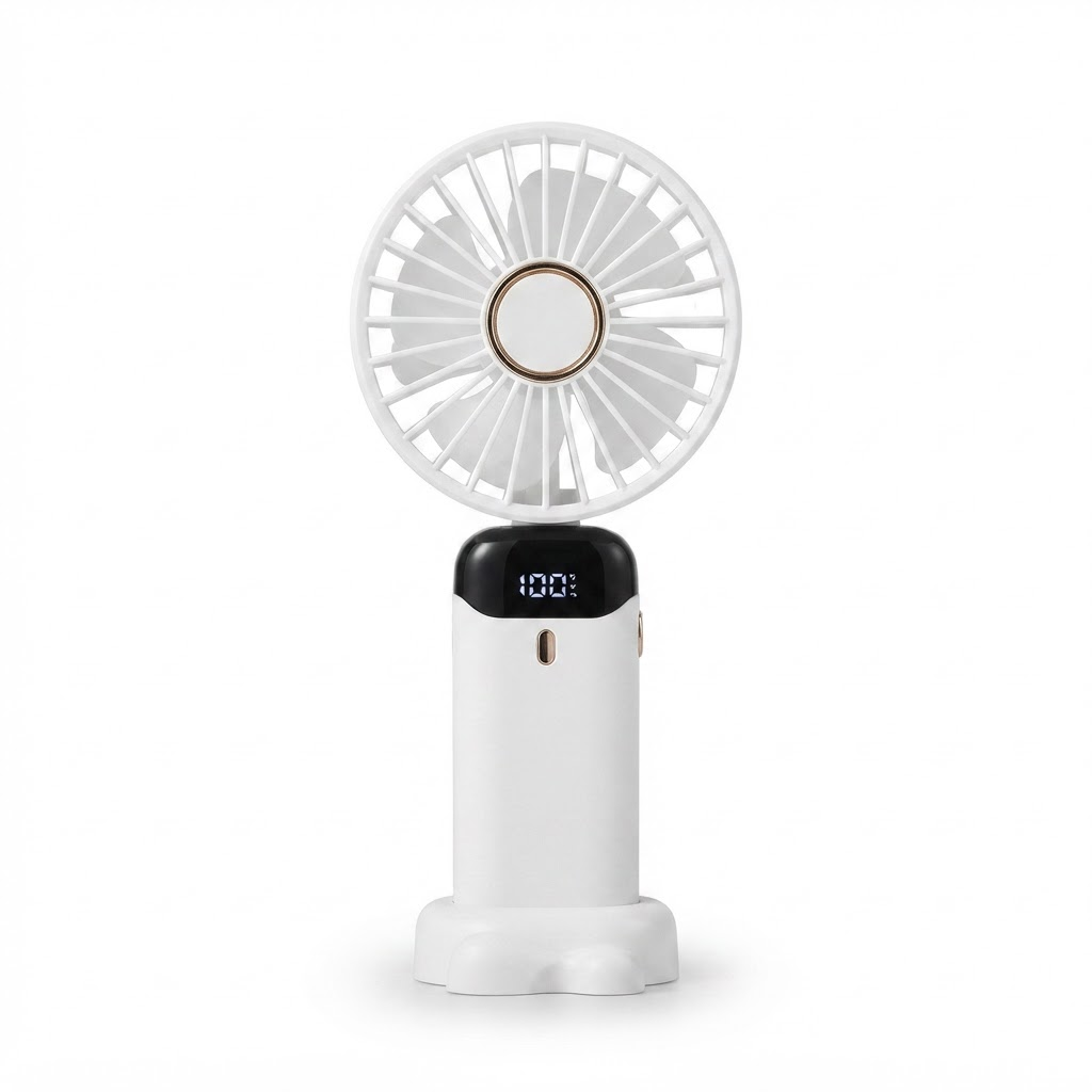 Portable handheld fan in white with front LED display and circular fan grille