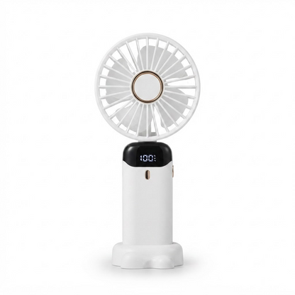 Portable handheld fan in white with front LED display and circular fan grille