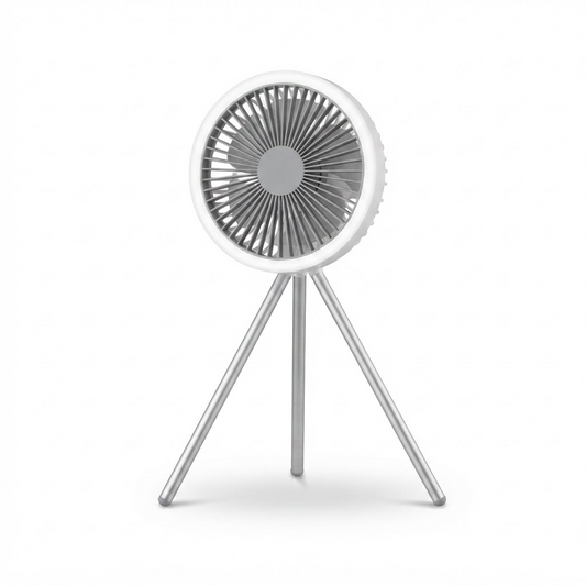 Portable tripod fan with LED ring, white fan grille and silver tripod legs