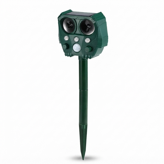 Solar ultrasonic animal repeller stake device with solar panel and front speaker openings