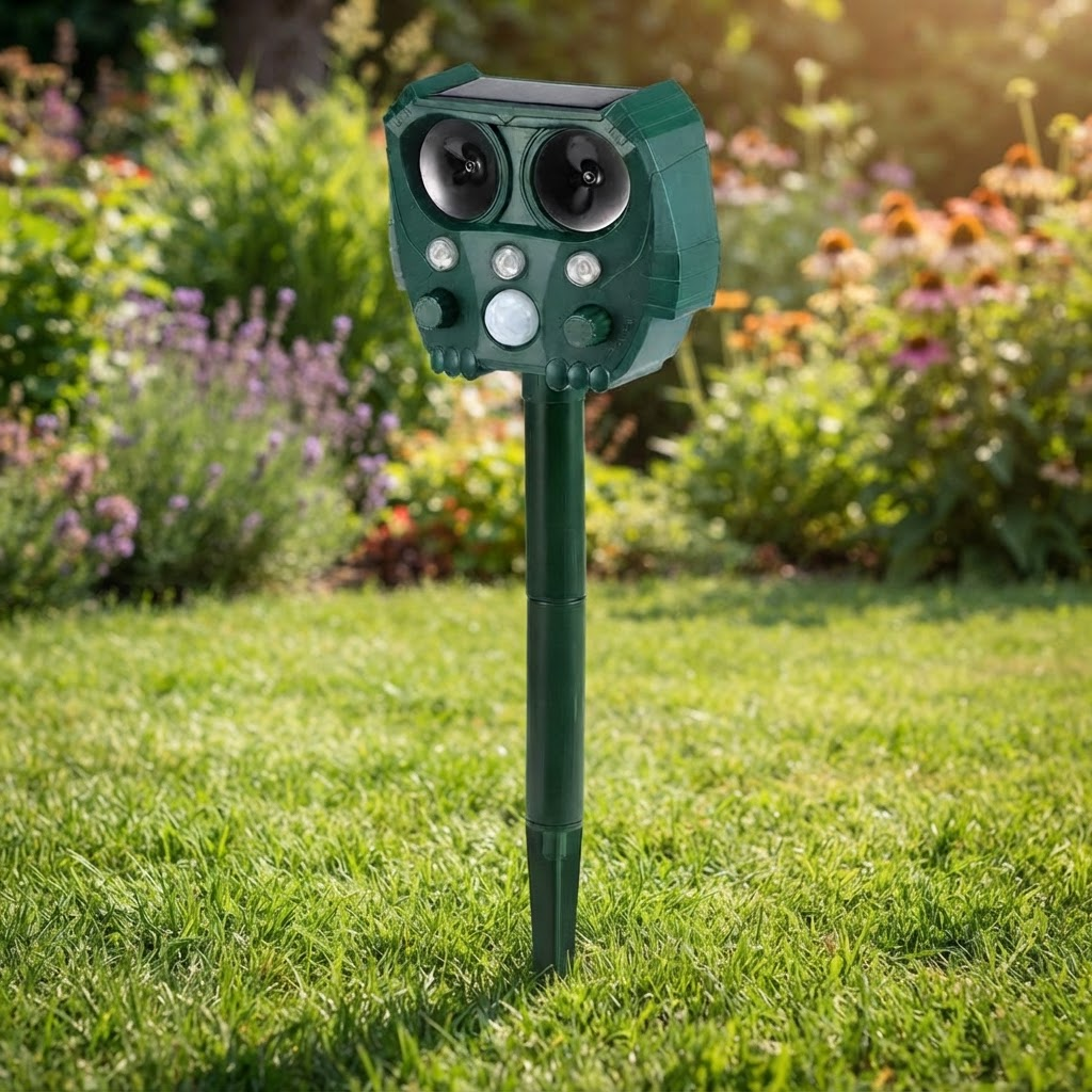 Solar ultrasonic animal repeller stake with solar panel, front sensors, and indicator lights