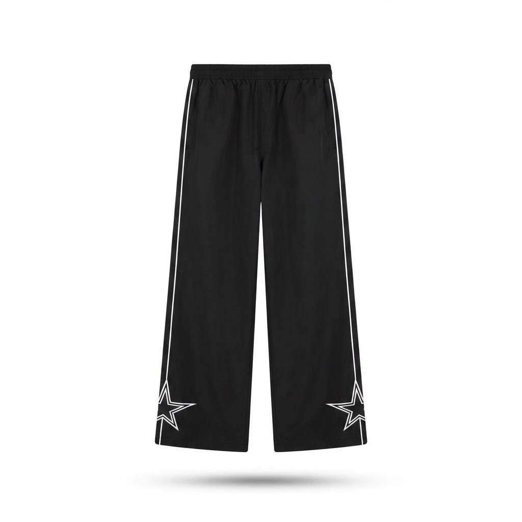 Black quick-dry trousers, flat lay: elastic waist, white side stripe with star graphics.