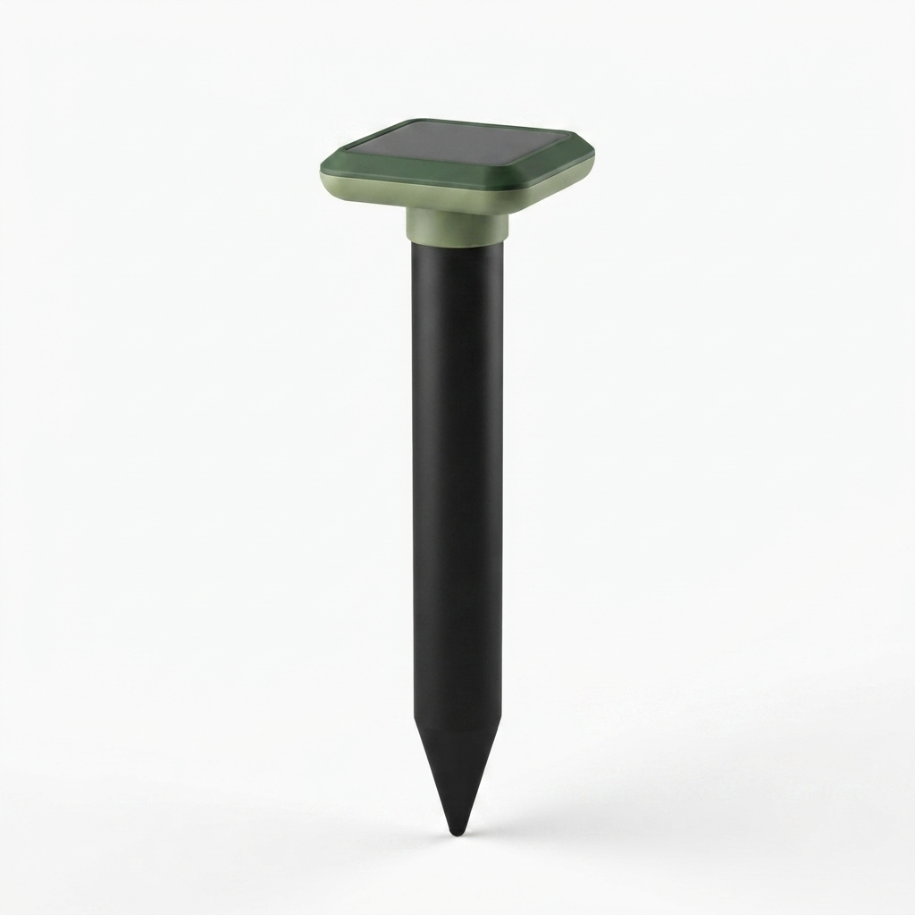 Solar ultrasonic mole repellent spike with black stake and green solar panel top