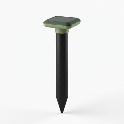 Solar ultrasonic mole repellent spike with black stake and green solar panel top