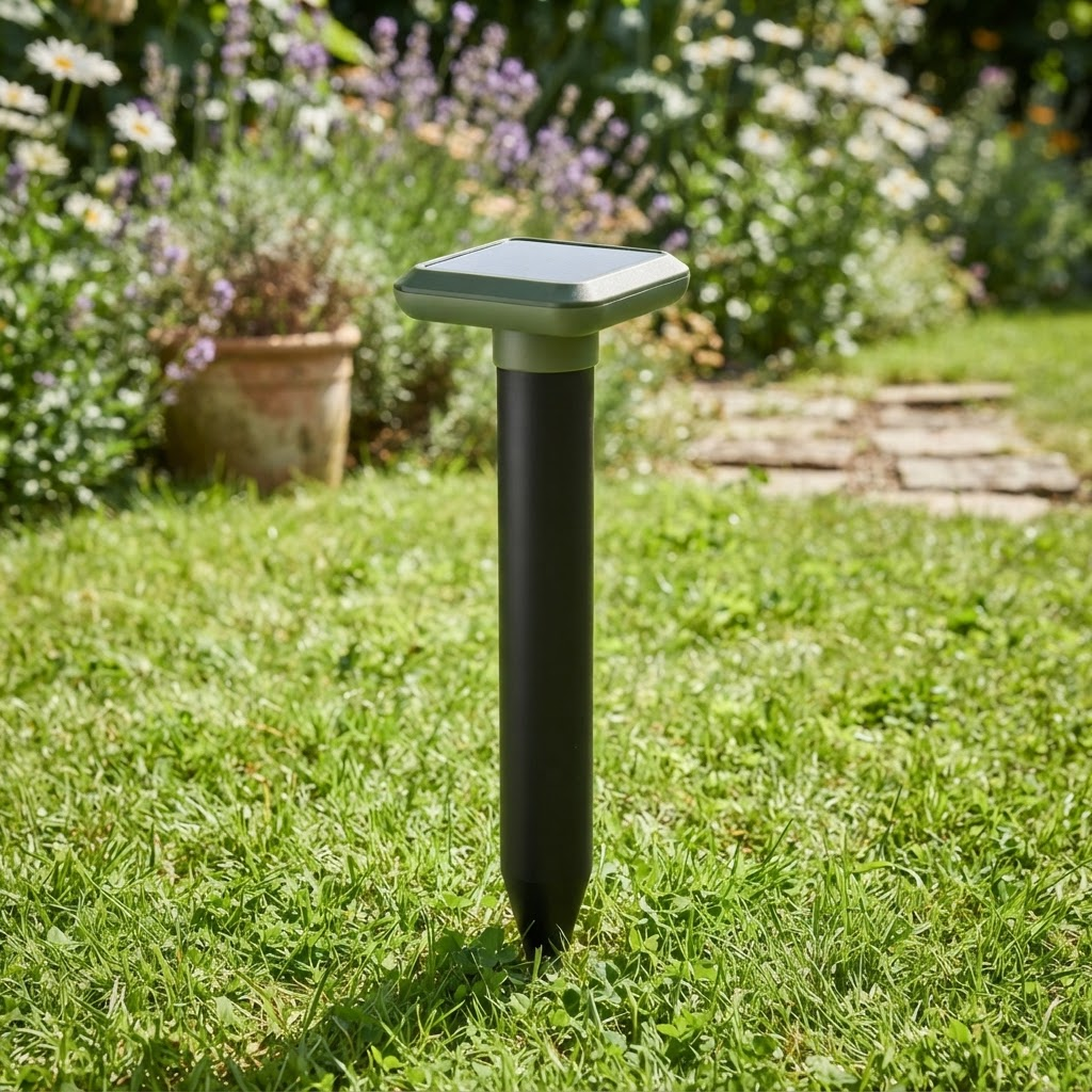 Solar ultrasonic mole repellent spike with black body and green solar panel top