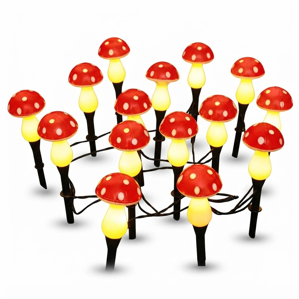 Solar mushroom garden light set, red mushroom-shaped bulbs with warm yellow glow on stakes