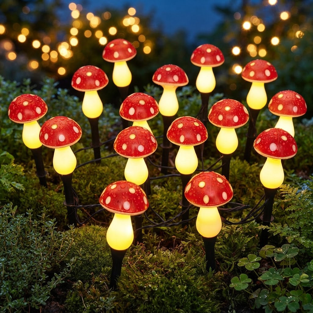 Solar mushroom garden lights on outdoor greenery: red caps with warm yellow glow bulbs
