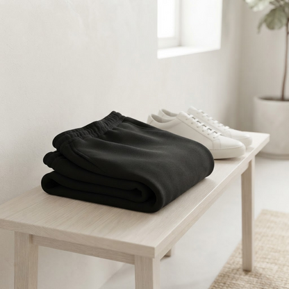 Men's wide-leg sweatpants folded, dark black knit joggers