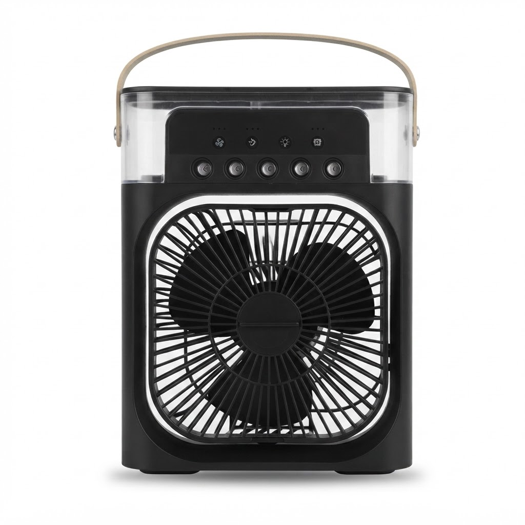 Black mini air cooler fan with front grille and control panel, portable desktop unit
