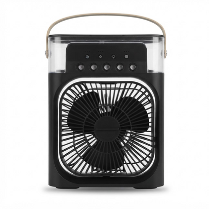 Black mini air cooler fan with front grille and control panel, portable desktop unit