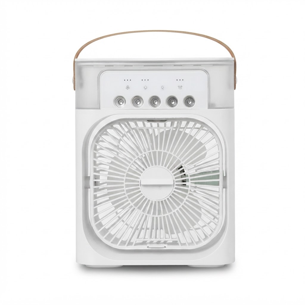 White mini air cooler fan with front grille and control panel, portable desktop humidifier