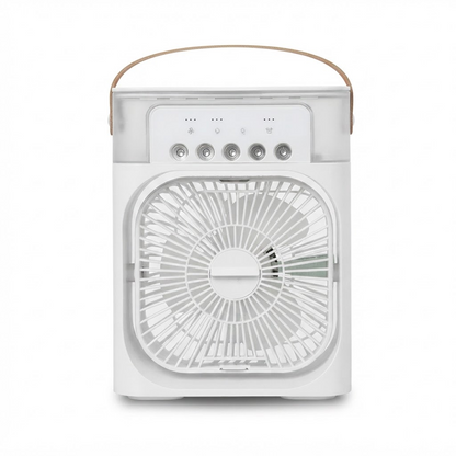 White mini air cooler fan with front grille and control panel, portable desktop humidifier