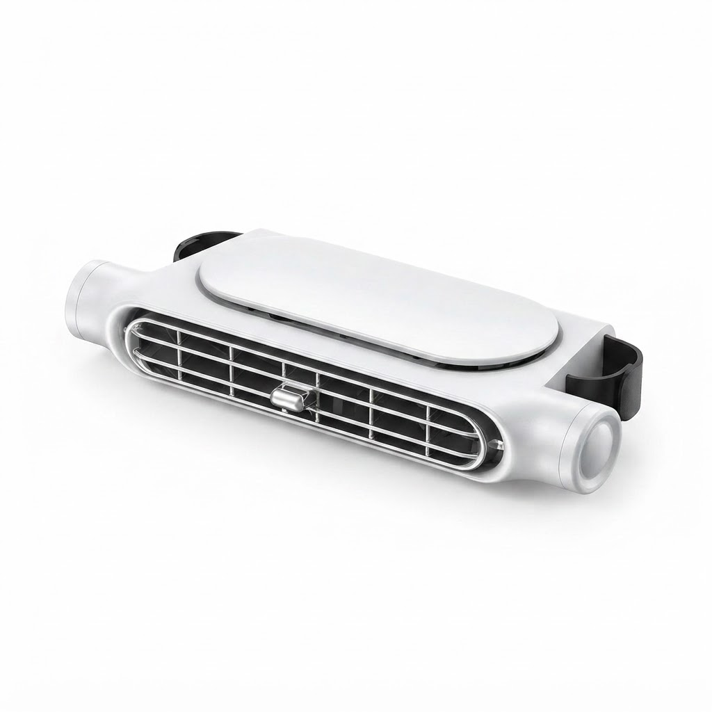 Car seat cooling fan with dual air heads, white body and grille