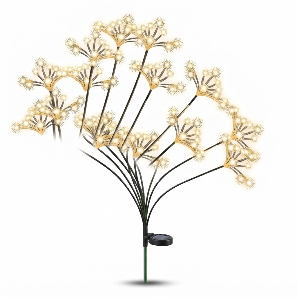 Solar starburst garden light set with warm white LEDs on black stake