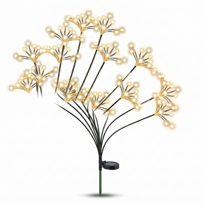 Solar starburst garden light set with warm white LEDs on black stake