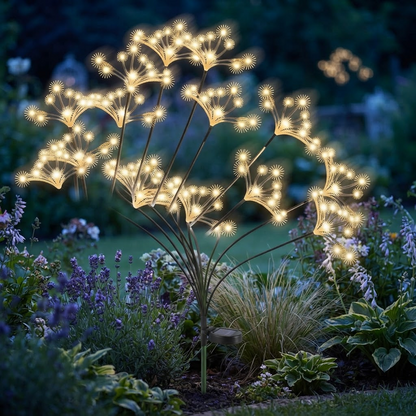 Solar starburst garden lights with warm white LEDs in a flowerbed
