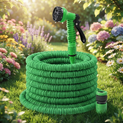 Expandable garden hose with green spray nozzle and coiled green hose in yard view