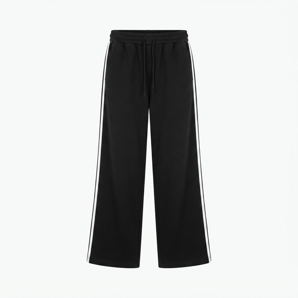 Men's black wide-leg trousers with white side stripe and elastic drawstring waistband