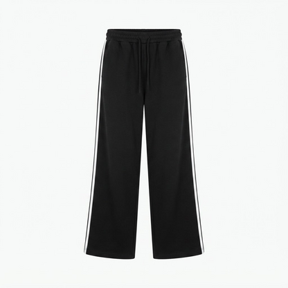 Men's black wide-leg trousers with white side stripe and elastic drawstring waistband