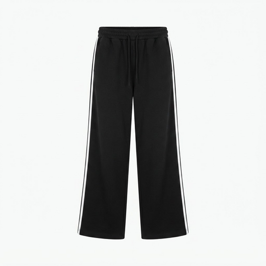 Men's black wide-leg trousers with white side stripe and elastic drawstring waistband