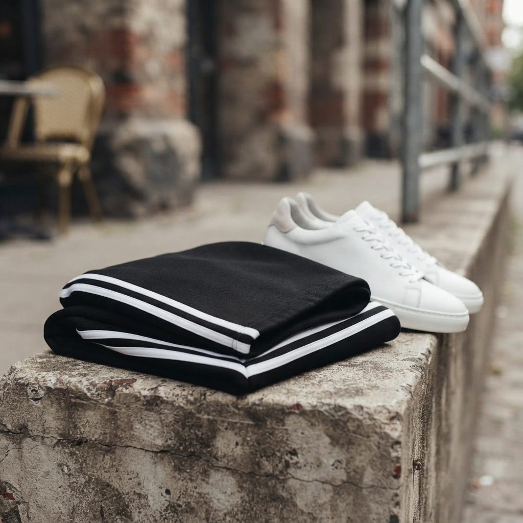 Folded black wide-leg trousers with white side stripe
