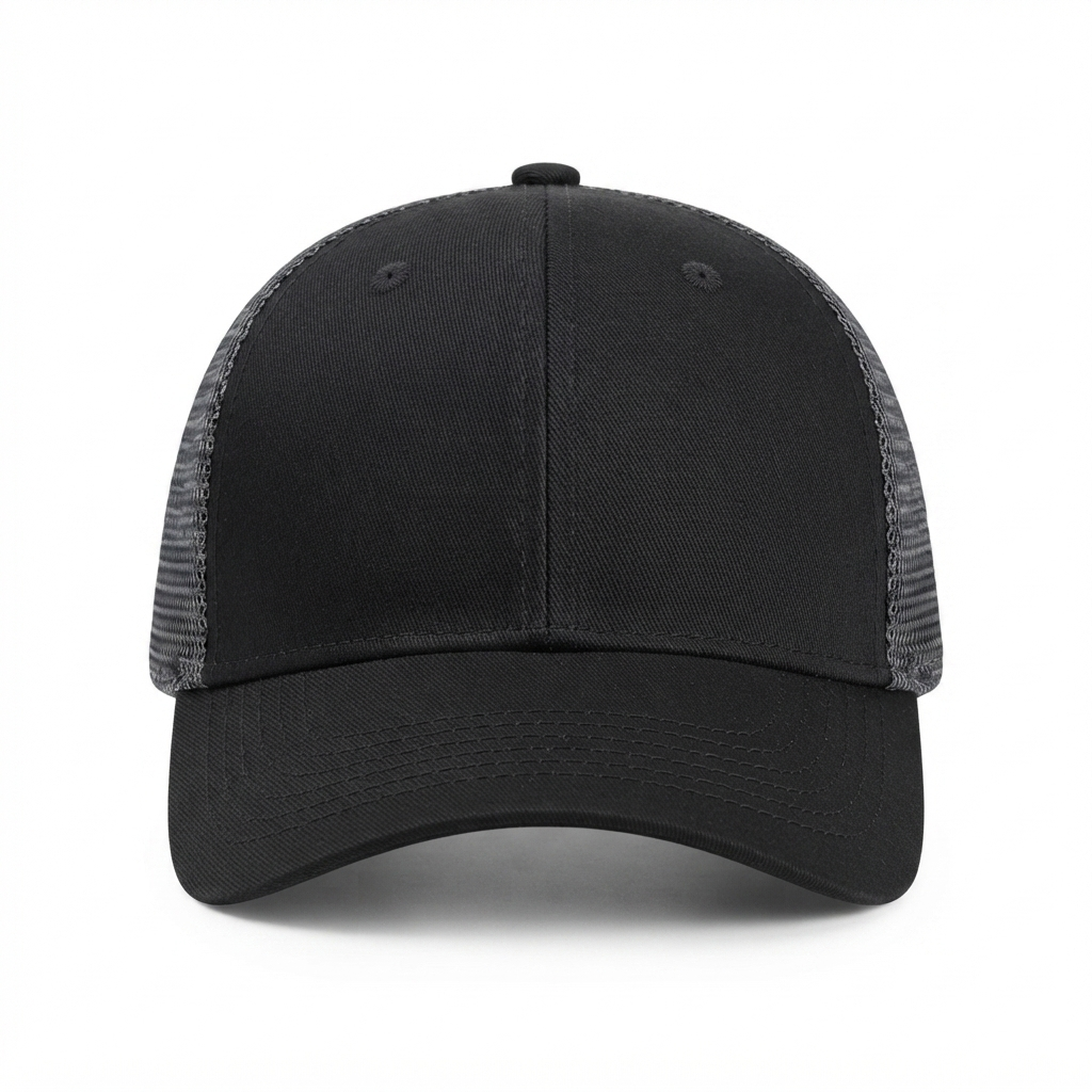 Ventilated mesh baseball cap, black front panel and curved brim with mesh side panels