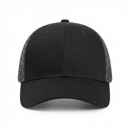 Ventilated mesh baseball cap, black front panel and curved brim with mesh side panels