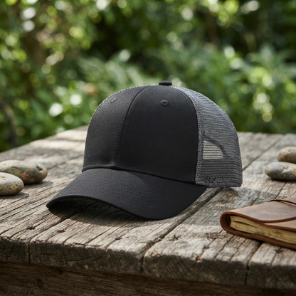 Ventilated mesh baseball cap, dark front panel with black mesh back and curved brim