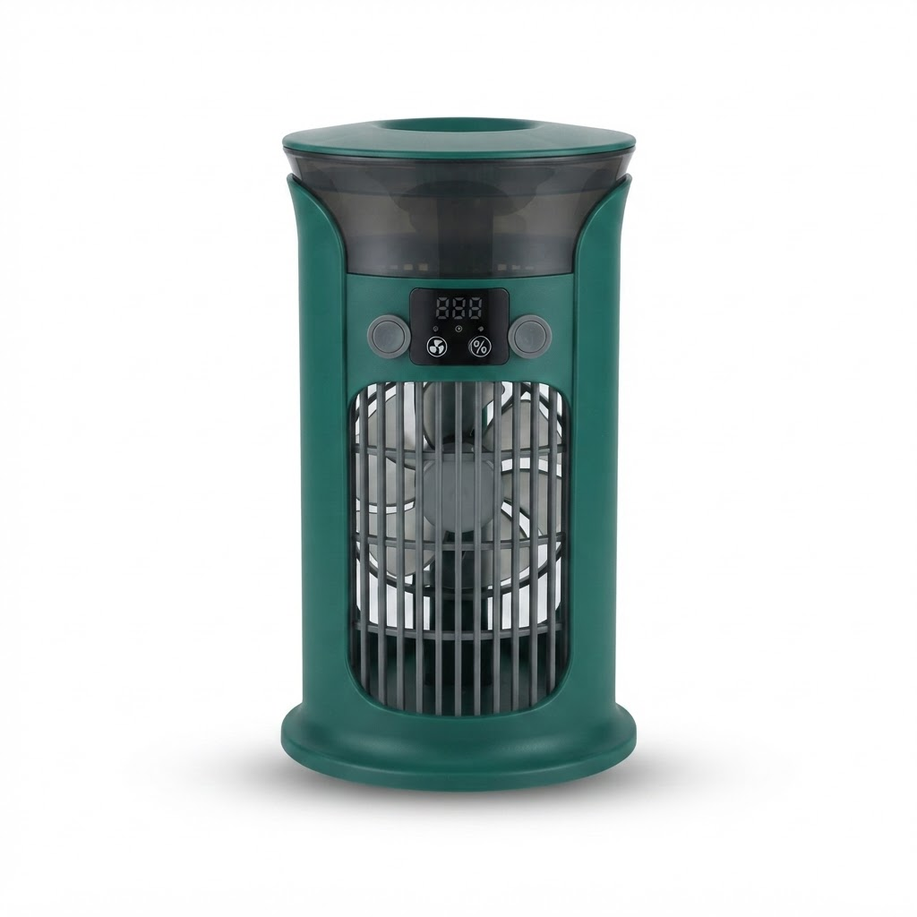 Green mini air cooler fan with mesh grille and digital control panel