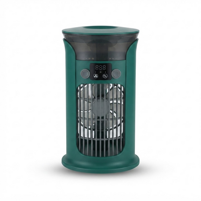 Green mini air cooler fan with mesh grille and digital control panel