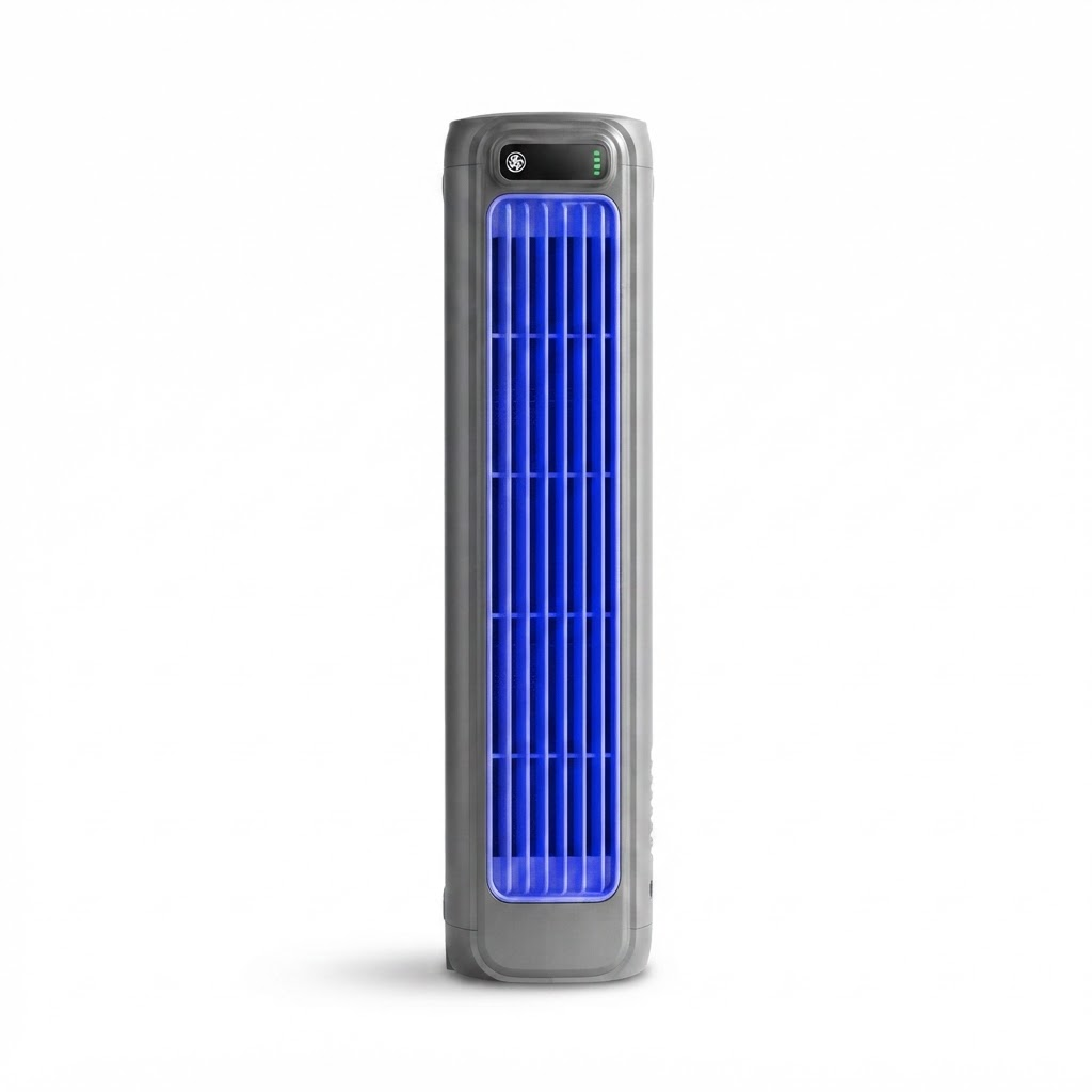 Portable bladeless tower fan in dark grey with blue grille and top control panel.