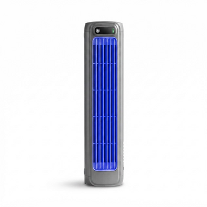 Portable bladeless tower fan in dark grey with blue grille and top control panel.