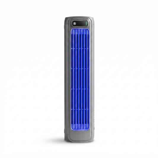 Portable bladeless tower fan in dark grey with blue grille and top control panel.
