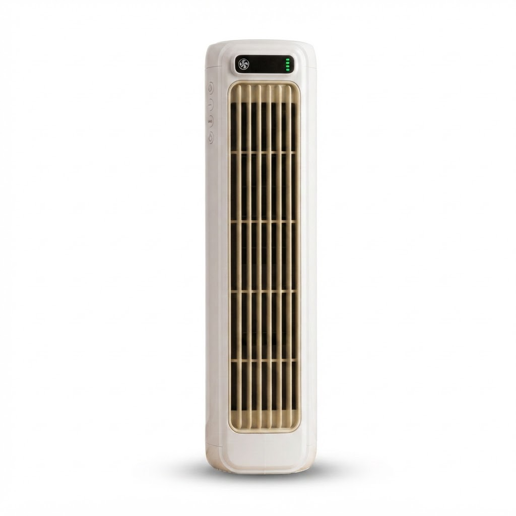 Portable bladeless tower fan in white with beige grille and top control panel.