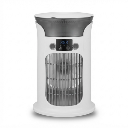 White mini air cooler fan with mesh grille and digital control panel