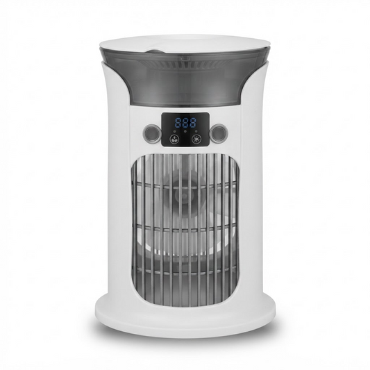 White mini air cooler fan with mesh grille and digital control panel
