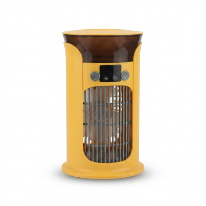 Yellow mini air cooler fan with mesh grille and digital control panel